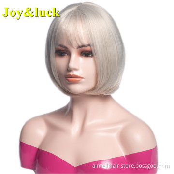 Wholesale Women's Bob Wigs With Bangs Middle Part Adjustable Band Scalp Natural Straight Short Bob Cut Wig Synthetic Hair Wigs
